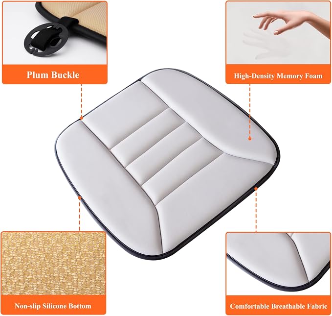 kingphenix Memory Foam Car Seat Cushion for Driver and Office Chair Comfort | 1.2-Inch-Thick Memory Foam Seat Pad, Soft, Breathable Fabric, Non-Slip Silicone Bottom for Long Drives and Office Use, Gray
