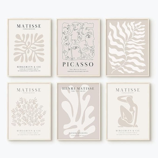 Youillne Henri Matisse Wall Art Prints Flower Abstract Canvas Pictures Aesthetic Beige Wall Art Decor Matisse Picasso Poster Gallery Vintage Painting Artwork for Bedroom 12x16 Inch Unframed Set of 6