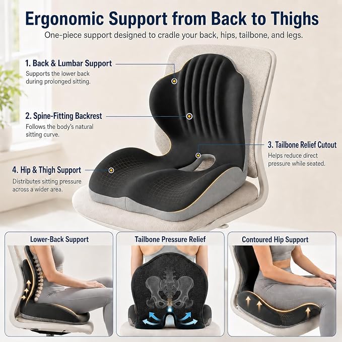 Car Seat Cushion with Lumbar Support, One-Piece L-Shaped Memory Foam | Ergonomic design with coccyx cutout, hip-to-thigh support and anti-slip base for long drives, office chairs and wheelchairs.