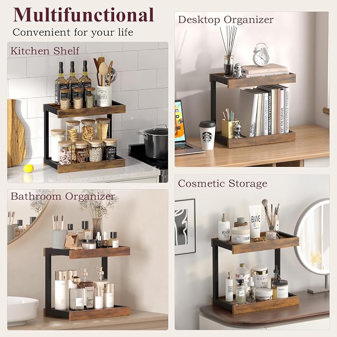 MARTY Counter Shelf Organizer, Large Spice Rack for Countertop, Brown | 2 Tier Serving Tray, 15.75"x8.9"x14.4" Large Display Stand, Coffee Bar/Station Organizer for Mugs Cups, for Kitchen Pantry