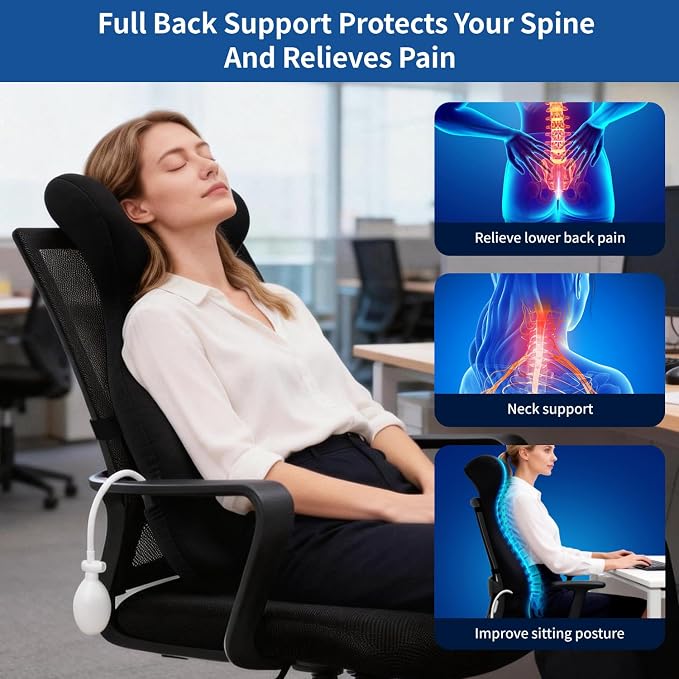 27.7'' Adjustable Airbag Full Back Lumbar Support Pillow, Back Pain Relief | Adjustable Support Back Cushion Upper/Lower Back Pain Relief for Office Chair, Desk, Gaming Chair, Couch, Recliner