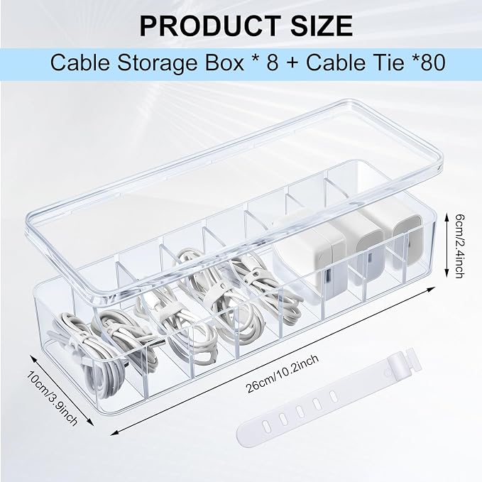 Tatuo 8 Pcs Cord Organizer for Drawer Desktop, Cable Organizer Box with 8 Compartments and Wire Ties, Plastic Charger Storage with Lid, Electronics Case for Home Office Accessories (Small,Clear)