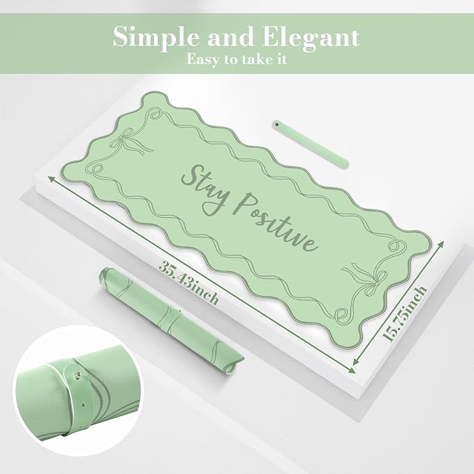 iCasso Green Scalloped Desk Cover Mat, Extra Large Mouse Pad, PU Leather Desk Pad Mat,Waterproof Writing Blotter for Desktop Protector, Non-Slip XXL Big Mousepad for Computer Office Dorm-Bow