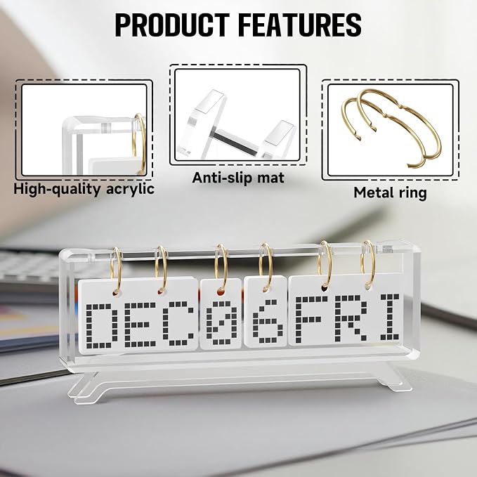 Desk Acrylic Calendar, Perpetual 2026 Daily Display Calendar, Reusable Yearly Wall Standing Calendars with Wall Hook for Home Office Decor Desk Accessories (Clear)