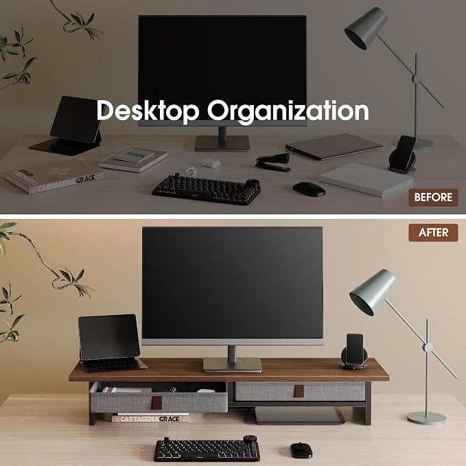 Fenge 35 Inch Monitor Stand with Drawer Storage, Computer Riser for Desk | Wooden Computer Shelf, 2 Tiers, for Dual Monitor/Laptop/PC/TV/Printer up to 55Lbs, Home Office Desk Organizer