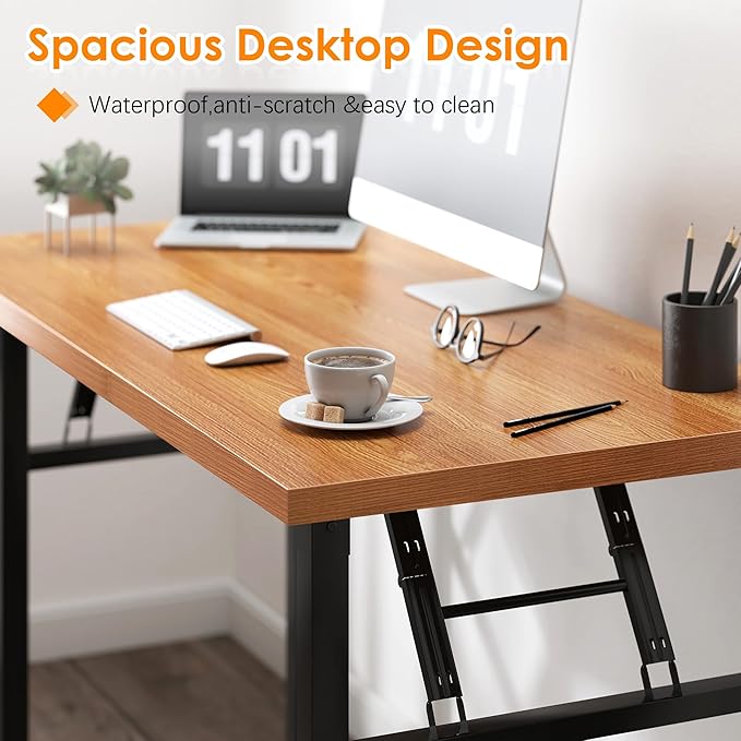 SDHYL 39 inches No Assembly Foldable Computer Desk, Modern Portable Laptop Workstation for Small Spaces with Adjustable Leg Pads, Simple Study and Writing Table for Home Office, Teak & Black