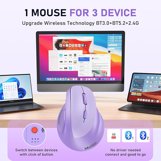 MEETION Ergonomic Mouse, Wireless Vertical Mouse RGB Backlit Rechargeable Mice for Bluetooth(5.2 + 3.0) & USB, 4 Adjustable DPI Compatible Mac/Windows/Andriod/PC/Tablet/iPad Purple