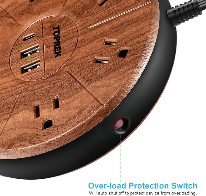 Power Strip with USB, PD 20W USB-C Charging, 6.5 FT Extension Cord with 6 Outlets, 1 USB-C, 2 USB-A, TOPREK Power Strip Surge Protector, Wood Finish Desk Charging Station for Home, Office, Dorm