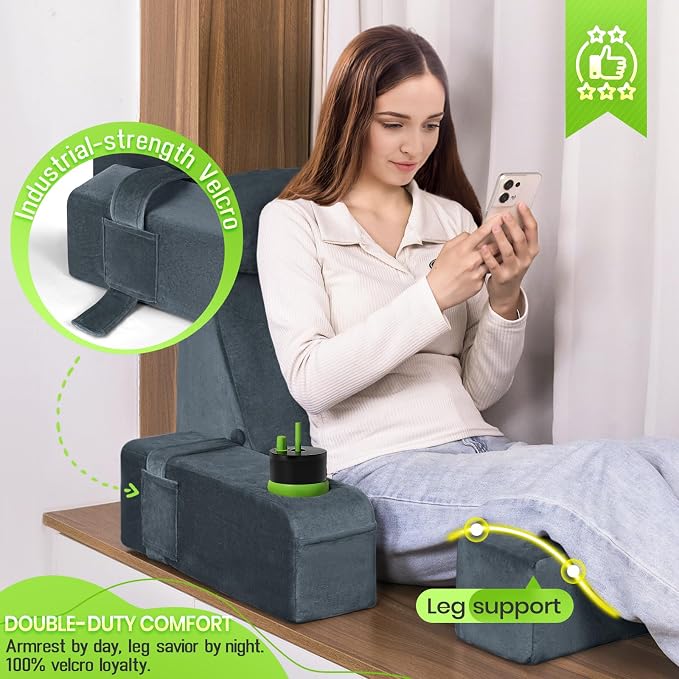 21 INCH Reading Pillow for Adults, Back Pillow for Bed Sitting Up, Backrest Pillow for Sitting in Bed, Detachable Arms with Built-in Cup & Phone Caddy (Dark Gray, 21 INCH)