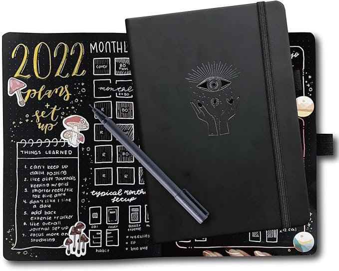 BUKE Dotted Journal - Dot Grid Notebook - 150gsm No Bleed Black Paper - 160 Black Pages - For Women and Men - A5 PU Leather Hardcover 5.75" x 8.5" and Gift Box (BKB-1)