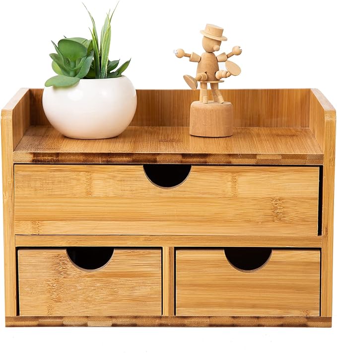 Rustic Bamboo Desk Organizer with Drawers,3-Drawer Desktop Storage Box | 3 Drawers Mini Open Top Shelf Pens, Notes, Makeup, Jewelry & Toiletries for Office, Bath Toiletries Vanity Office Supplies