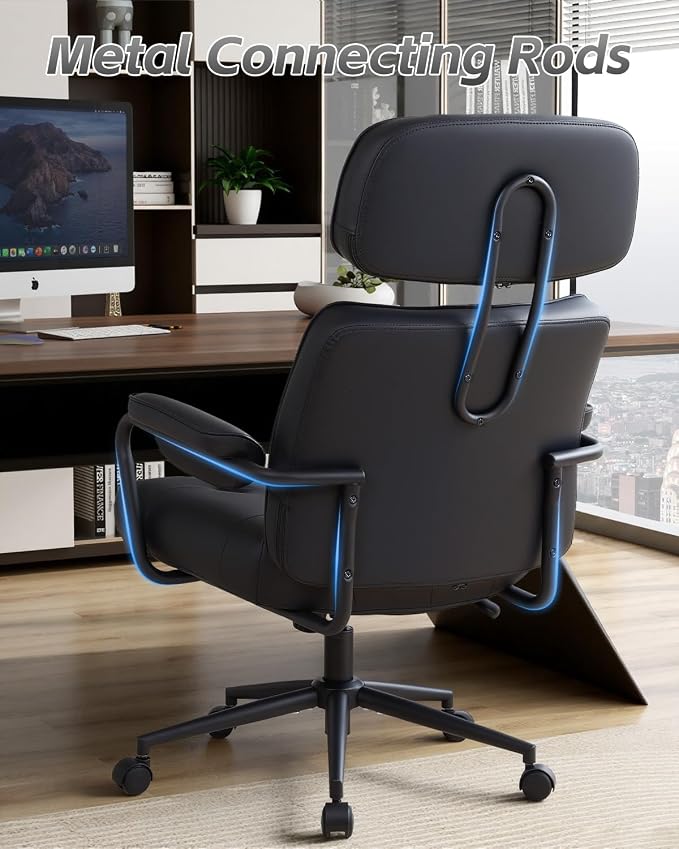 Mid Century Modern Home Office Desk Chair, Ergonomic Office Chair Big and Tall, High Back Executive Office Chair Leather Extra Wide, Computer Chair Comfy, Adjustable Height Rolling Chair, Black 4PC
