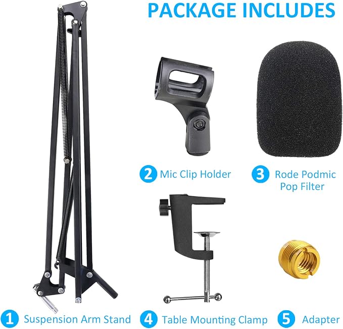 20+18.5in Rode Podmic Stand with Pop Filter, Professional Boom Arm and Windscreen for Rode PodMic Cardioid Dynamic Podcasting Microphone by YOUSHARES