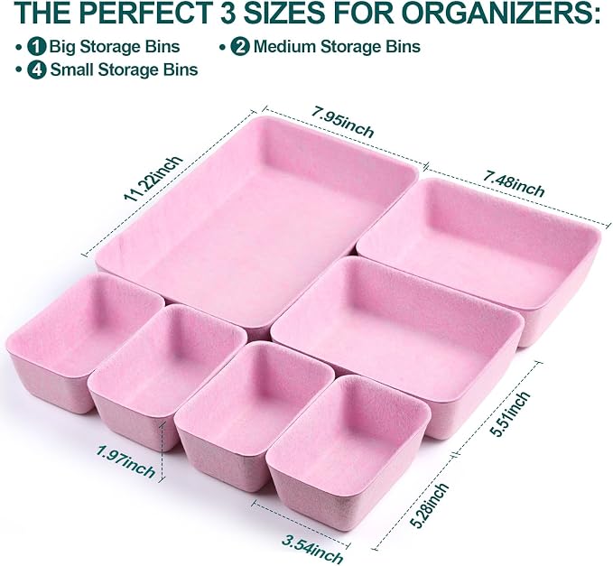 Desk Drawer Organizer | 7 Pack Felt Drawer Organizer Shallow Drawer Organizers Felt Storage Bins,Desk organizer trays (Pink)