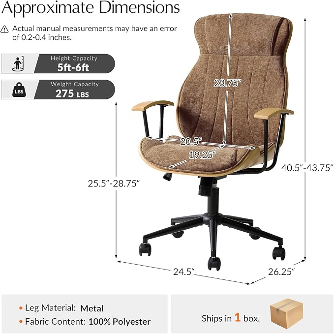 HULALA HOME Solid Wood Office Chair with High Backrest, Camel | Mid Century Modern Bentwood Desk Chair with Tilt Function, Swivel Fabric Computer Task Chair, Height Adjustable, Metal Base