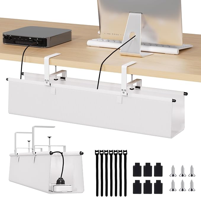 Under Desk Cable Management Tray, 28" Fabric Wire Cord Organizer, White | No Drill Under Table Wire Organizer with 16X Cable Ties for Office/Home, Cord Hider Fit Adapters & Sockets, Clamp/Screw Mount