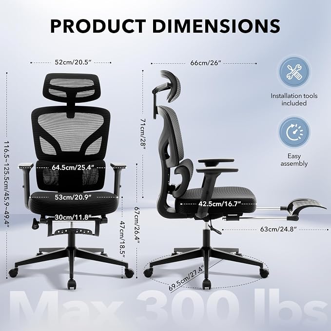Office Chair Ergonomic Desk Chair - Home Mesh Chair with Adjustable Footrest Lumbar Support, High-Back Computer Gaming Chair with Headrest 3D Armrests, Rolling Swivel Task Chairs for Home, Office