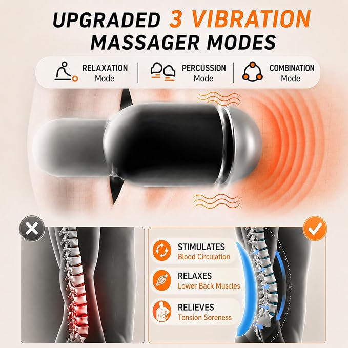 Upgraded 3-in-1 Triple Fusion Back Massager, Cordless Lumbar Support Pillow | with Heat, Massage, Electric Stretch for Pain Relief, Lower Back Massager with 3000mAh Rechargable for Bed Office Chair Car