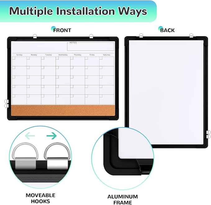 Monthly Calendar Whiteboard for Wall, 24x18 Inches Dry Erase Board with Cork Board Combo, Magnetic White Board, Double-Sided Hanging Portable Board for Office School Home Kitchen Planner, Black
