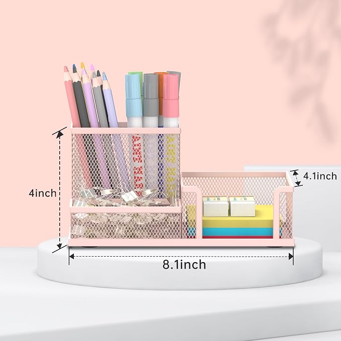 SUPEASY Mesh Pen Holder Desk Organizer, Office Supplies Pencil Storage with 3 Compartments, Office Desk Accessories and Workspace Organizers for Home School Classroom, Pink