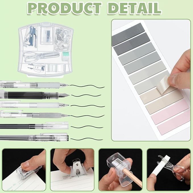 Colarr Mini Office Supply Kit Include Stapler Tape Dispenser Staple Remover Paper Clip Scissor Staple Pen Sharpener Note Small Telescopic Knife for Office Back to School Supplies Student Clerk(Clear)
