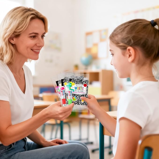 ANGOLIO Back to School Gifts for Students - 28 Sets First Day of School Gifts Include Animal 4 in 1 Multicolor Ballpoint Pens with Greeting Cards for Classmate Teacher Classroom Reward Party Supplies