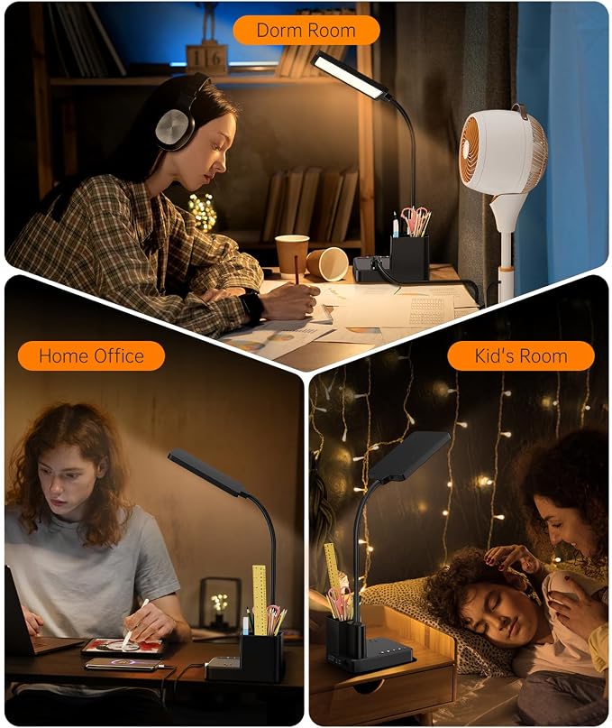 LED Desk Lamp with Charger, USB-C/USB-A & AC Outlet, Dimmable Desk Light & Table Lamp with Pen Holder, 3 Color Modes, Small Desk Lamp for Home Office, Bedroom, College Dorm Essentials,Reading,Crafts