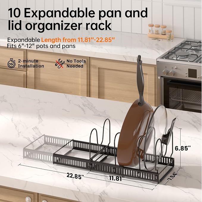MUDEELA Expandable Pot Pan Lid Organizers inside Cabinet, 10 Divider-Bronze | Expandable 11.8–22.9", 10 Adjustable Divider, Tool-Free Assembly, Non-Slip, Scratch-Proof, For Pan Lid Cutting Board Bakeware