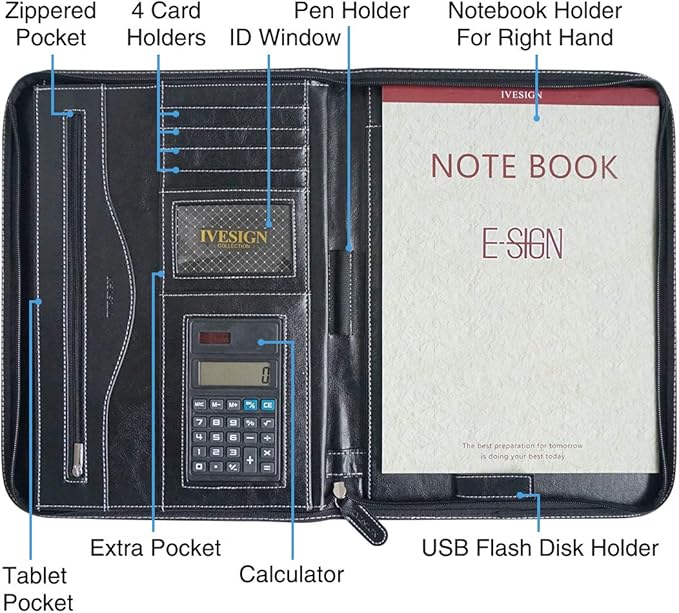 Faux Leather Portfolio Padfolio Organizer with Calculator, Writing Pad, Zipper Closure, Tablet Sleeve, Clipboard with Storage, Document Organizer, Business Card Holder, Note Pads-Black