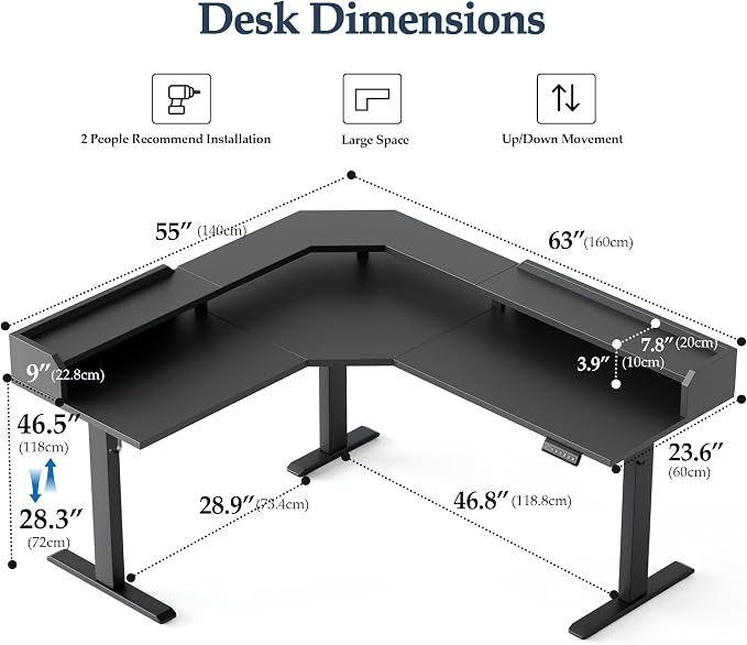 Klicelor L Shaped Electric Standing Desk 63 x 55 inch with Shelf, Height Adjustable Corner Desk, Sit Stand Desk with Storage Shelf, Home Office Computer Table, Black