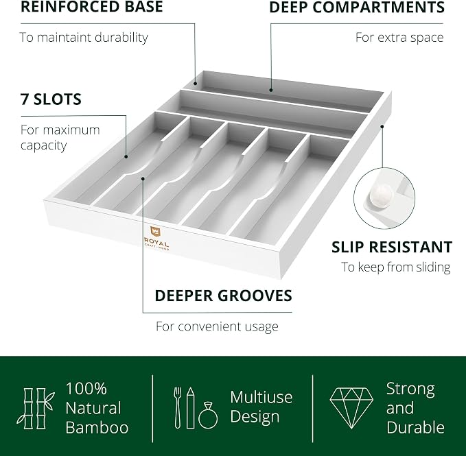 Luxury Bamboo Kitchen Drawer Organizer - Silverware Organizer - Utensil Holder and Cutlery Tray with Grooved Drawer Dividers for Flatware and Kitchen Utensils (7 Slot, White)