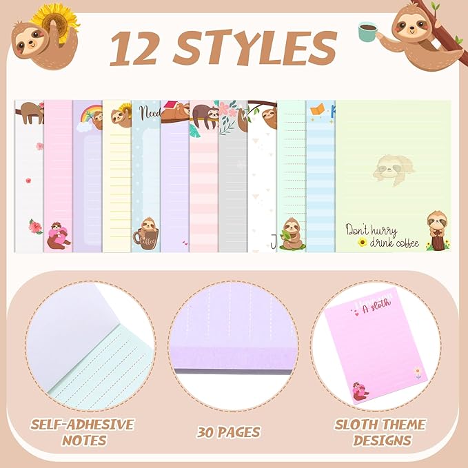 12 Pieces Sloth Sticky Notes 3x4 Inch Cute Cartoon Sloth Gifts Memo Notes for Animal Lovers Women Animal to Do List for Office Friends Lazy Day Holidays Gifts