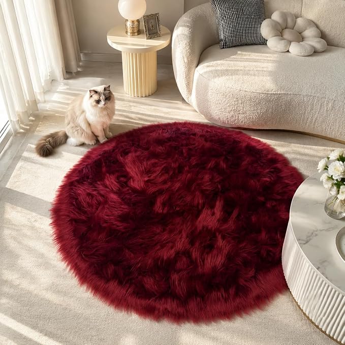 EasyJoy Faux Sheepskin Rug, Fluffy Faux Fur Rug, Ultra Soft Shag Area Rug with Non-Slip Backing for Bedroom, Living Room, Nursery, Kids Room(4 x 4 ft Round, Burgundy)