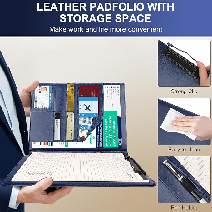Portfolio Binder, Portfolio Folder Padfolio with A4 Clipboard, PU Leather Portfolio Clipboard Business Binder Writing Clip Board Organizer for Legal Documents Business Card Men Women