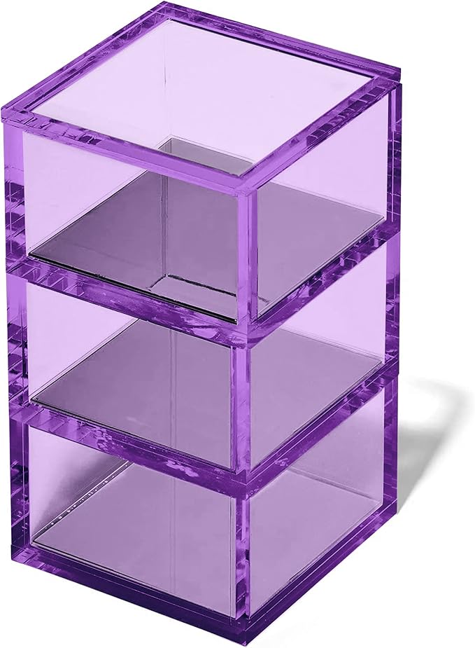3-Tier Stackable Acrylic Holder- Stylish Desk Organizer and Storage for Office or Home – Transparent Square Design, Purple with Silver Metal Base