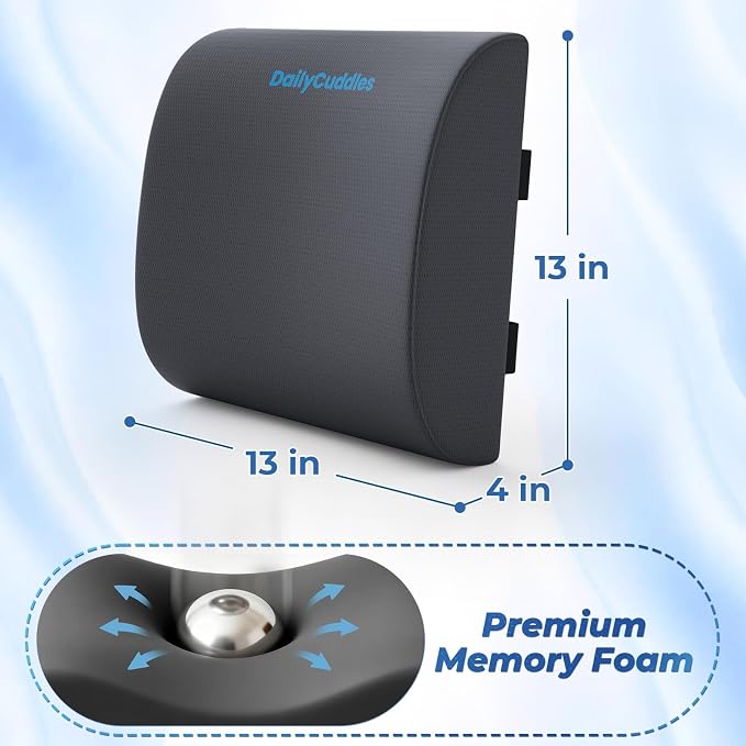 Lumbar Support Pillow for Office Chair Back Support - Memory Foam Lumbar Pillow for Car or Gaming Chair, Ergonomic Back Cushion with Adjustable Strap for Long-Hour Sitting (Grey)