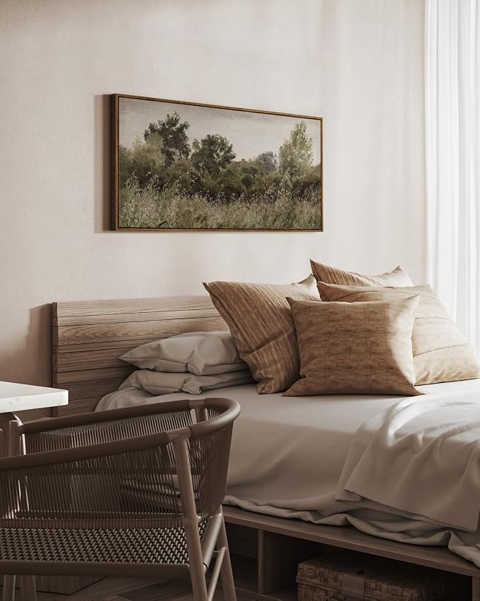InSimSea Extra Large Framed Vintage Wall Art, Living Room Country Farmhouse Decor, Grassland Landscape Paintings, Canvas Prints, Retro Scenery Long Picture for Bedroom Above of Bed,20x40inch