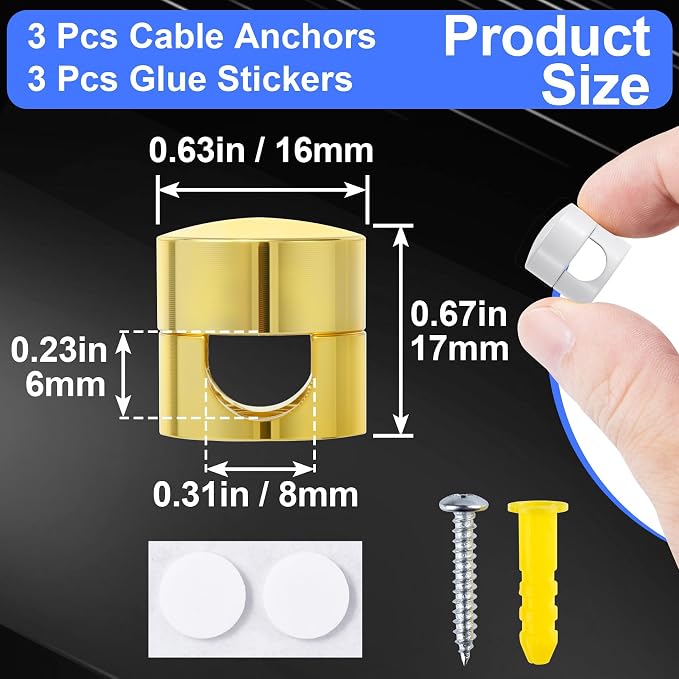 SmallCat 3 Sets Charger Holders for Cords, Adjustable Cable Anchor Holders, Adhesive Metal Cord Clips, Cable Management Wire Organizers for Desk, Office, Nightstand - Gold, White, Silver
