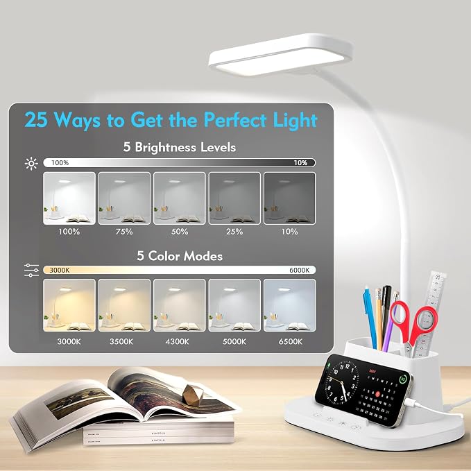 BOHON Desk Lamp for Home Office Reading Light with USB Charging Port White | Small Desk Lamps with Pen Holder, 5 Color Modes 5 Brightness, Touch Gooseneck LED Table Lamp for Dorm Room Essentials Study