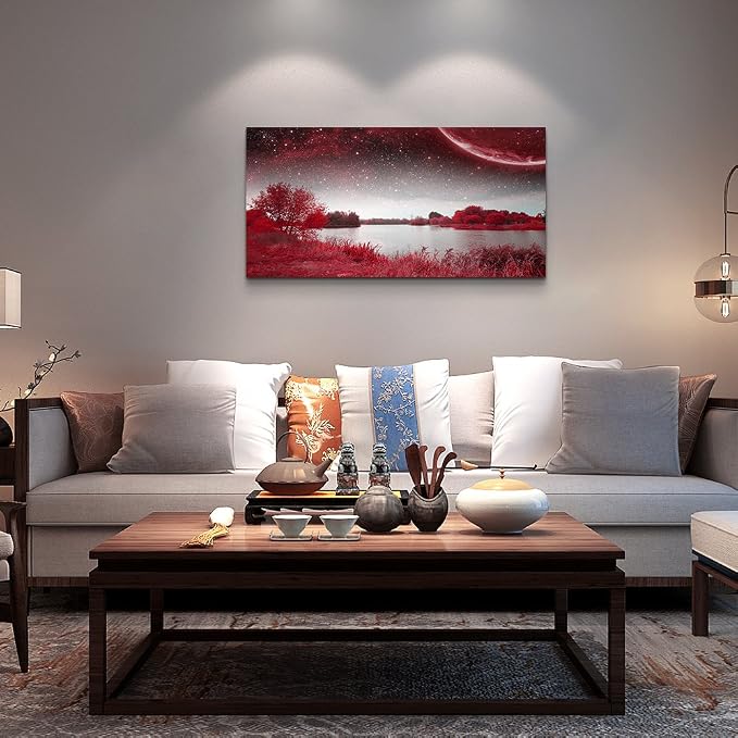 Print Artwork Wall Art Decor Poster for living room Red tree moon starry sky red landscape painting bathroom Wall Art for bedroom Canvas Prints Picture Works Ready to Hang Office Home decorations
