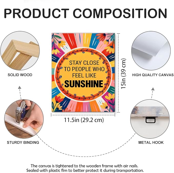 Inspirational Sunshine Wall Art Decor, Motivational Canvas Painting Pictures Artwork Posters Hippie Decor for Teens Room Bedroom, Natural Life Gifts for Women (11.5 X 15 Inches, Framed)