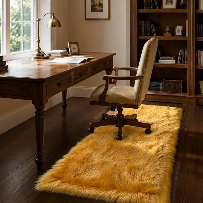 EasyJoy Faux Sheepskin Rug, Fluffy Faux Fur Rug, Ultra Soft Shag Area Rug with Non-Slip Backing for Bedroom, Living Room, Nursery, Kids Room(2x6 ft Rectangle, Golden Yellow)