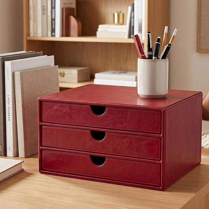 UnionBasic Document Organizer, 3-Drawer File Cabinet Document Storage Box, Office Desktop Filing Organizer, Burgundy