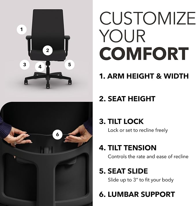 HON Ignition 2.0 Mid‑Back Ergonomic Office Chair, Mesh Task Desk Chair with Lumbar Support, Standard Synchro‑Tilt, Height and Width Adjustable Arms, Black Frame, Onyx