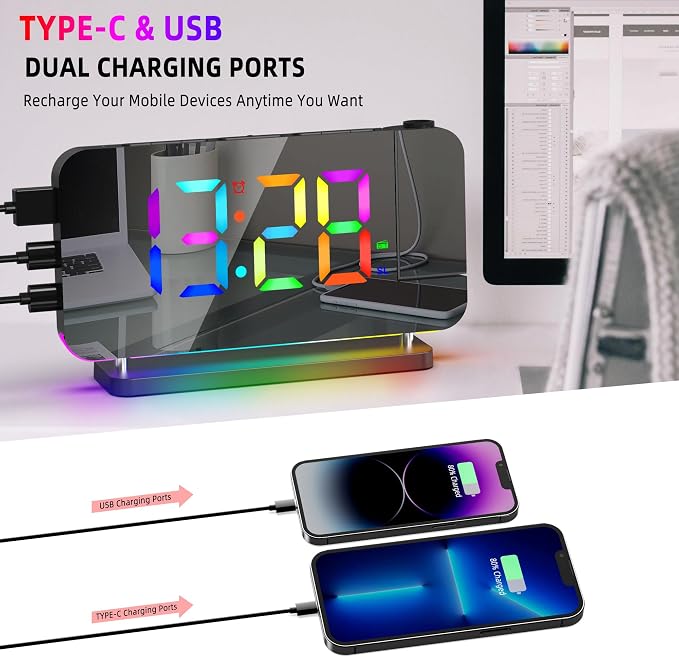 Projection Alarm Clock for Bedroom Ceiling,RGB Digital Clocks Radio with | 10 Colors RGB Night Light,Loud Alarm Clock for Heavy Sleepers,USB C Charger Port,Snooze,12/24H,Auto Dimming