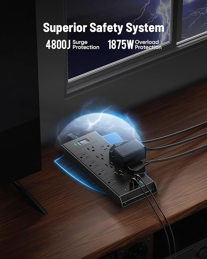 Surge Protector Power Strip 4800J, LeZone 25Ft Long Extension Cord Flat Plug, 12 Outlets 2 USB C 2 USB Ports, Wall Mountable, Desk Charging Station, Black
