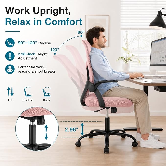Ergonomic Office Chair, Home Office Desk Chair, Breathable Mesh Desk Chair with Adjustable Lumbar Support and Flip-up Armrests, Game Chairs, 360° Swivel Desk Chairs for Conference, Meeting Room(Pink)