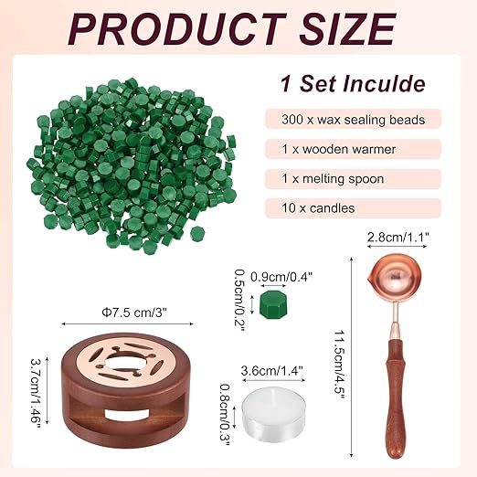 PATIKIL Wax Seal Kit, 300 Pcs Wax Sealing Beads, Wooden Warmer, Melted Spoon, 10 Pcs Tealight Candles for Envelope Letter Mailing Crafts DIY, Pine Green