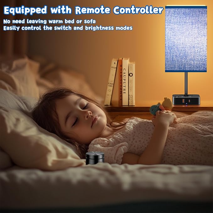cozoo Bedside Table Lamp for Bedroom, 3 Way Dimmable & Remote Control Stepless Dimming Touch Nightstand Lamp, 2 USB Ports and 2 AC Outlets, Small Desk Light for Living Room, Bed, Study, Blue