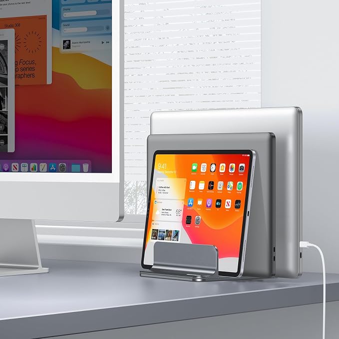 OMOTON Vertical Laptop Stand [Updated 3-Slots Version], Desktop Aluminum Mac Book Stand with Adjustable Dock Size, Fits All Mac Book, Surface, Chrome Book and Gaming Laptops (Up to 17.3 inch), Grey